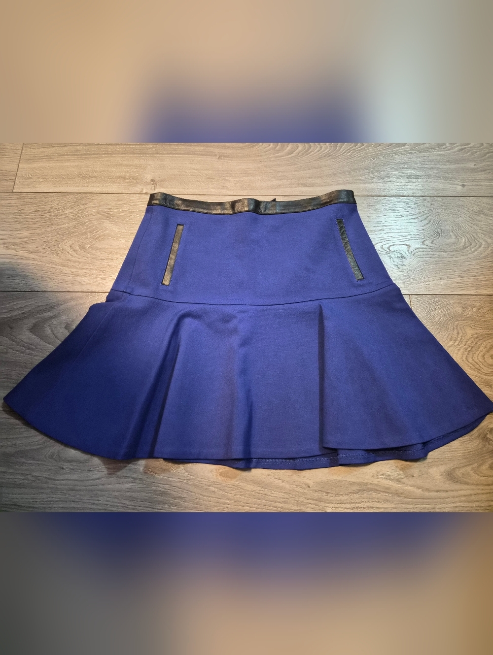 Club monaco Flared Blue Skirt with Leather Trim